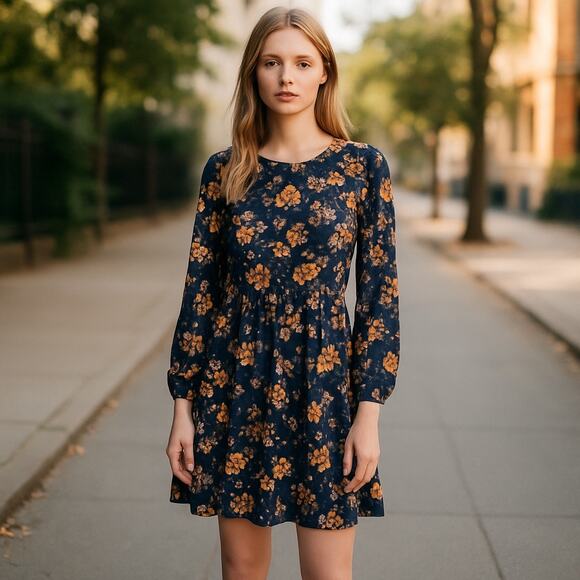 Zeagoo Women’s Small Boho Cottagecore Floral Mini Dress Navy Long Sleeve NWT - Picture 1 of 7